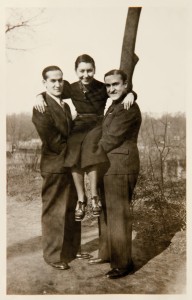 Students of Poznan University: Jozio Lustig from Osielsk (near Bydgoszcz) and Adek Lewin from Kutno lifting Fira Melamedzon. Stroll along the Warta river towards Szelag. Poznan, 14 of March 1937