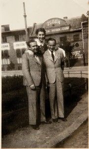 Adek Lewin, Fira Melamedzon and Adek Engel in Garbary Dam Street (today Garbary Street) in front of the Municipal Slaughter, Spoldzielnia Spozywcow “Zgoda” in the background. Poznan, 23 of June 1938